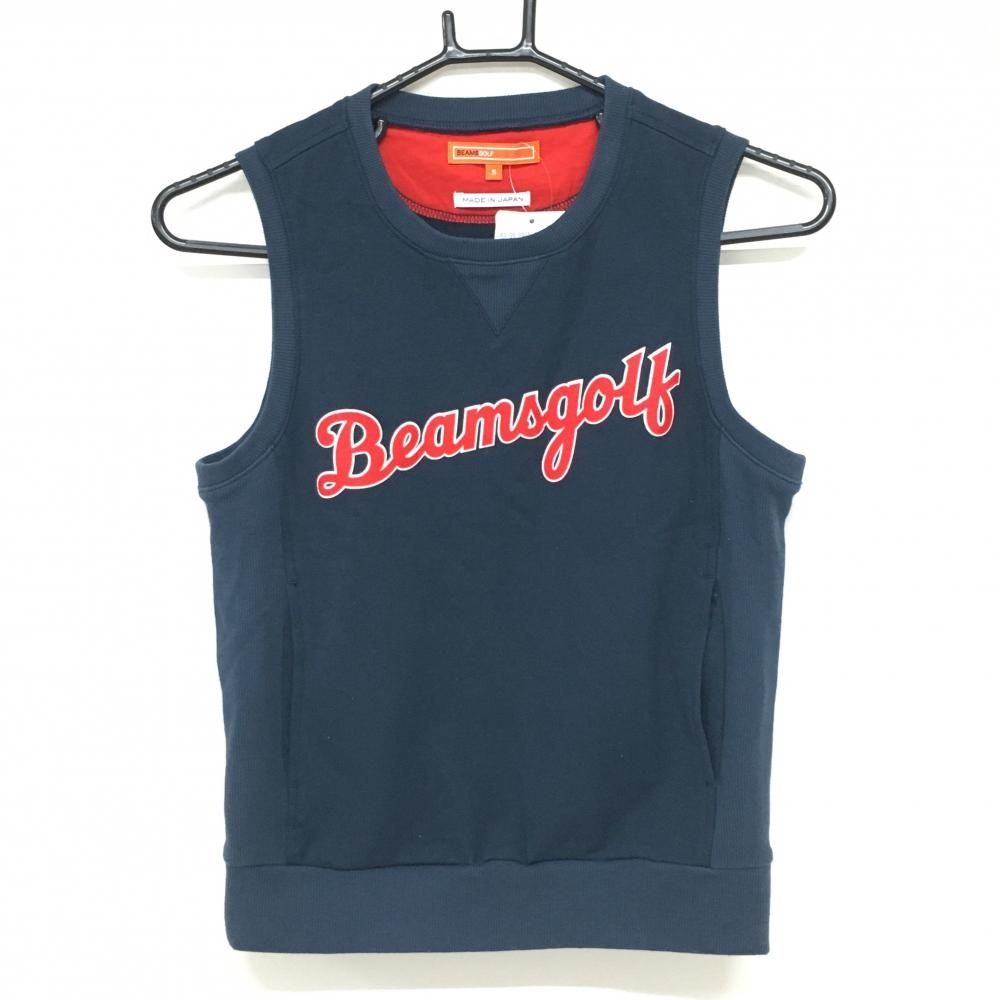ビームスゴルフ ベスト ネイビー レッド フロントロゴ 綿100％ サイド切替 レディース S ゴルフウェア BEAMS GOLF