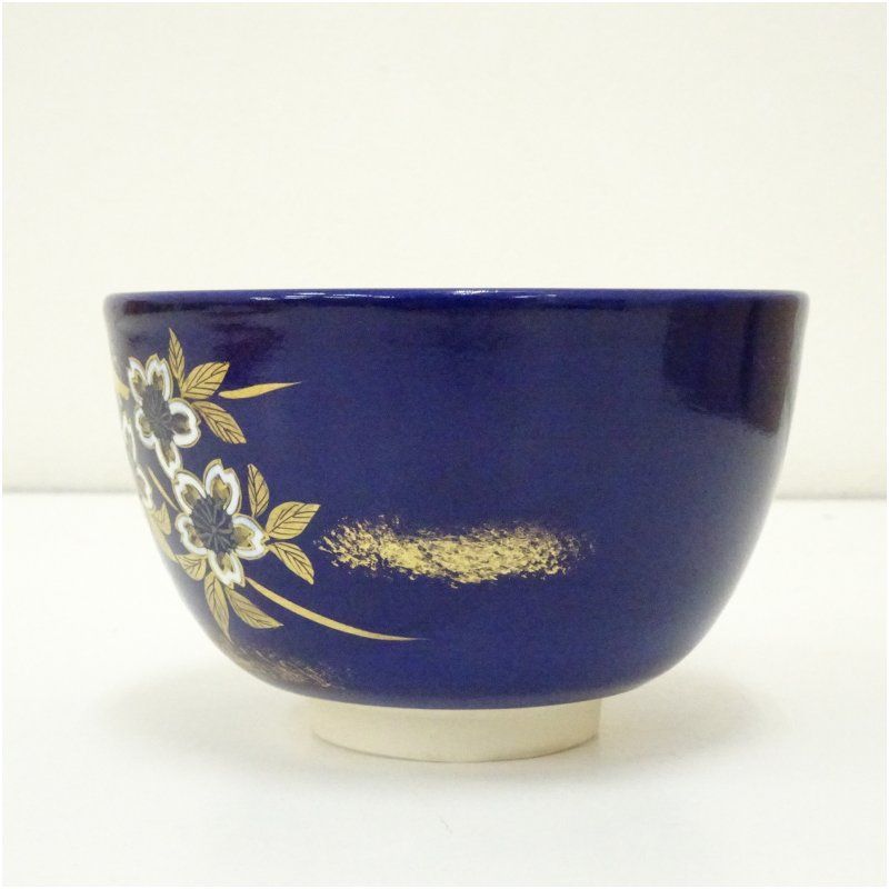 京焼 西村清翠造 瑠璃釉桜絵茶碗（仕覆付）（共箱） 茶道 抹茶