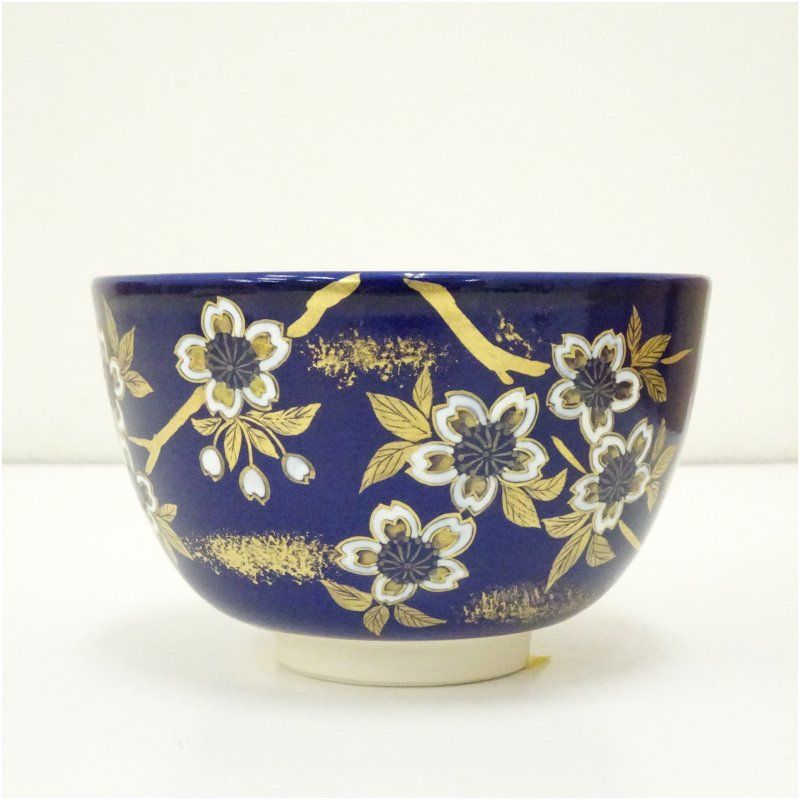 京焼 西村清翠造 瑠璃釉桜絵茶碗（仕覆付）（共箱） 茶道 抹茶