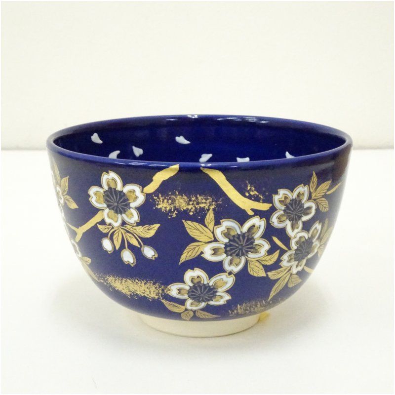 京焼 西村清翠造 瑠璃釉桜絵茶碗（仕覆付）（共箱） 茶道 抹茶