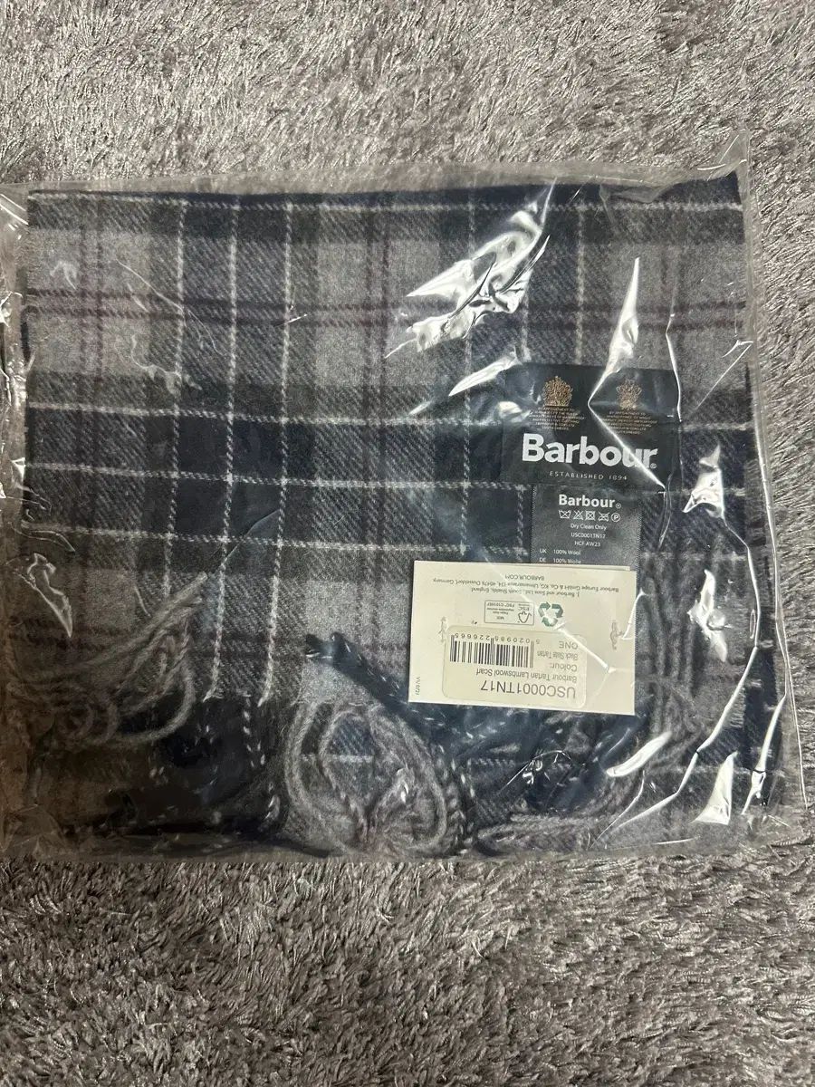 バブアー タータンチェック ラムウール フリンジ マフラー グレー