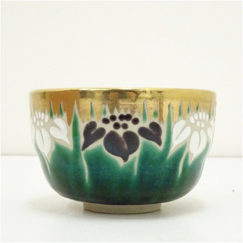 九谷焼 陶峰造 色絵菖蒲茶碗（共箱） 茶道 抹茶 おしゃれ 抹茶茶碗