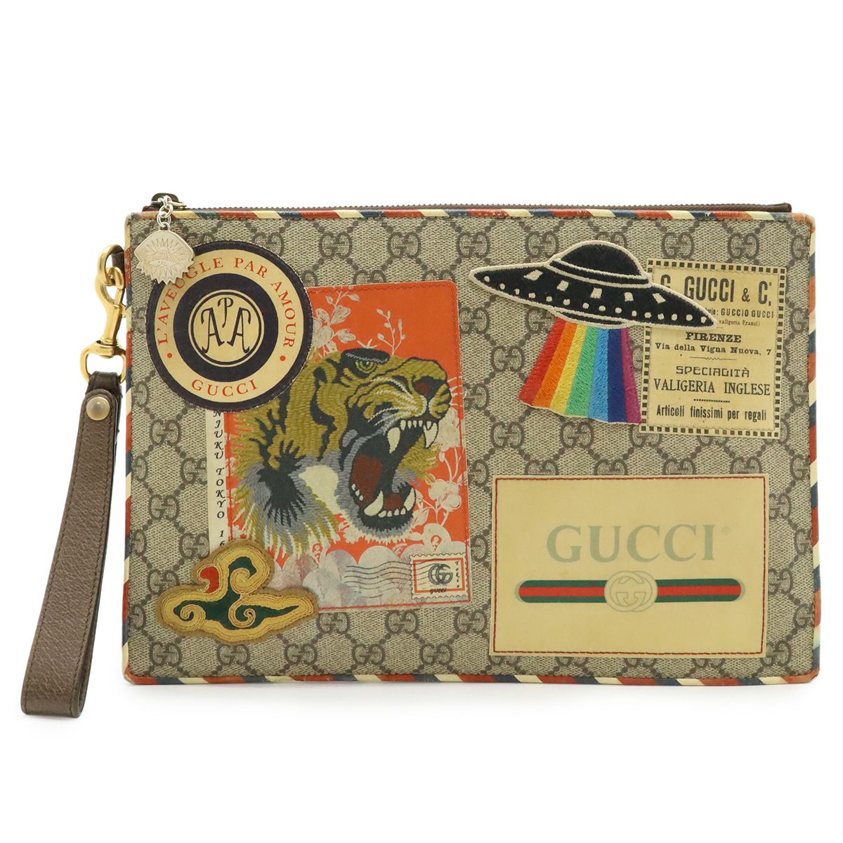 GUCCI グッチ クーリエ GGスプリーム クラッチバッグ セカンドバッグ ワッペン 虎 タイガー UFO レザー ベージュ マルチ 473915