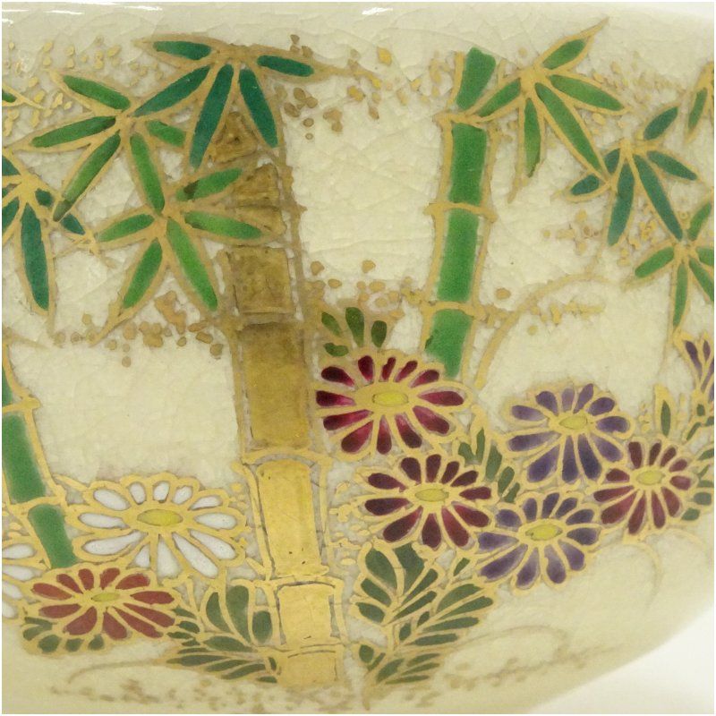 薩摩焼 桃伯窯造 金彩色絵竹菊文茶碗（保護箱） 茶道 抹茶 おしゃれ