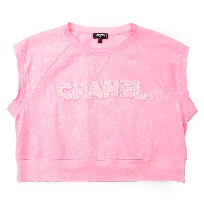 CHANEL シャネル クロップTシャツ P 74669 2025 SS ツイードロゴパッチ エンブロイダリー 刺繍 COCOマーク ラインストーン コットン ノースリーブ リラックスフィット カットソー レディース S ピンク 桃色 伊製