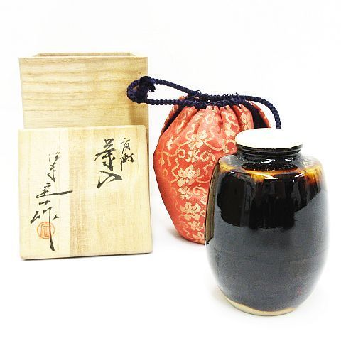 京焼 洛東 桶谷 定一 肩衝茶入 仕覆 共箱付き 茶道具 茶入 茶道 Z001