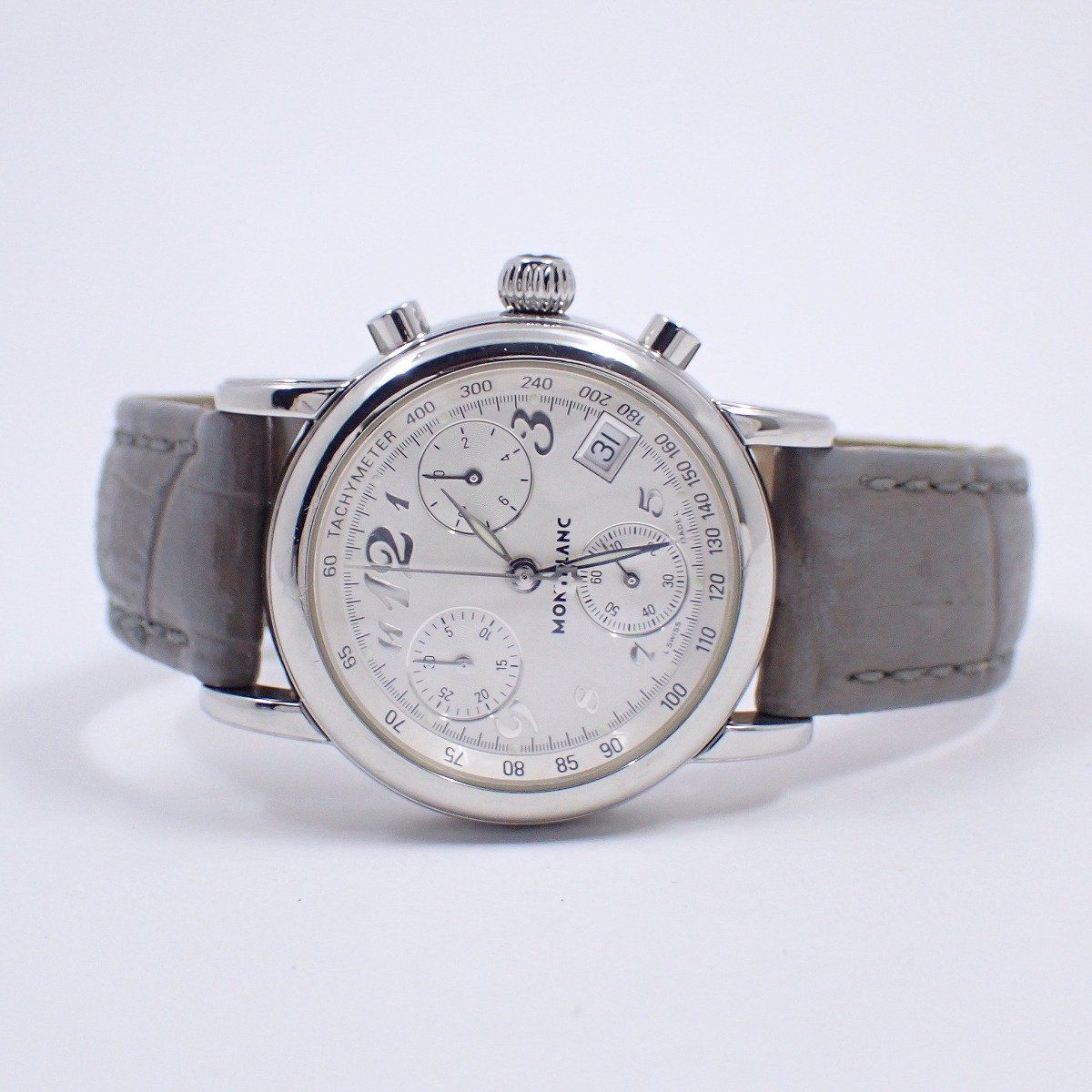 モンブラン マイスターシュティック クロノグラフ クォーツ レディース 腕時計 シルバー文字盤 社外ベルト 尾錠 7039