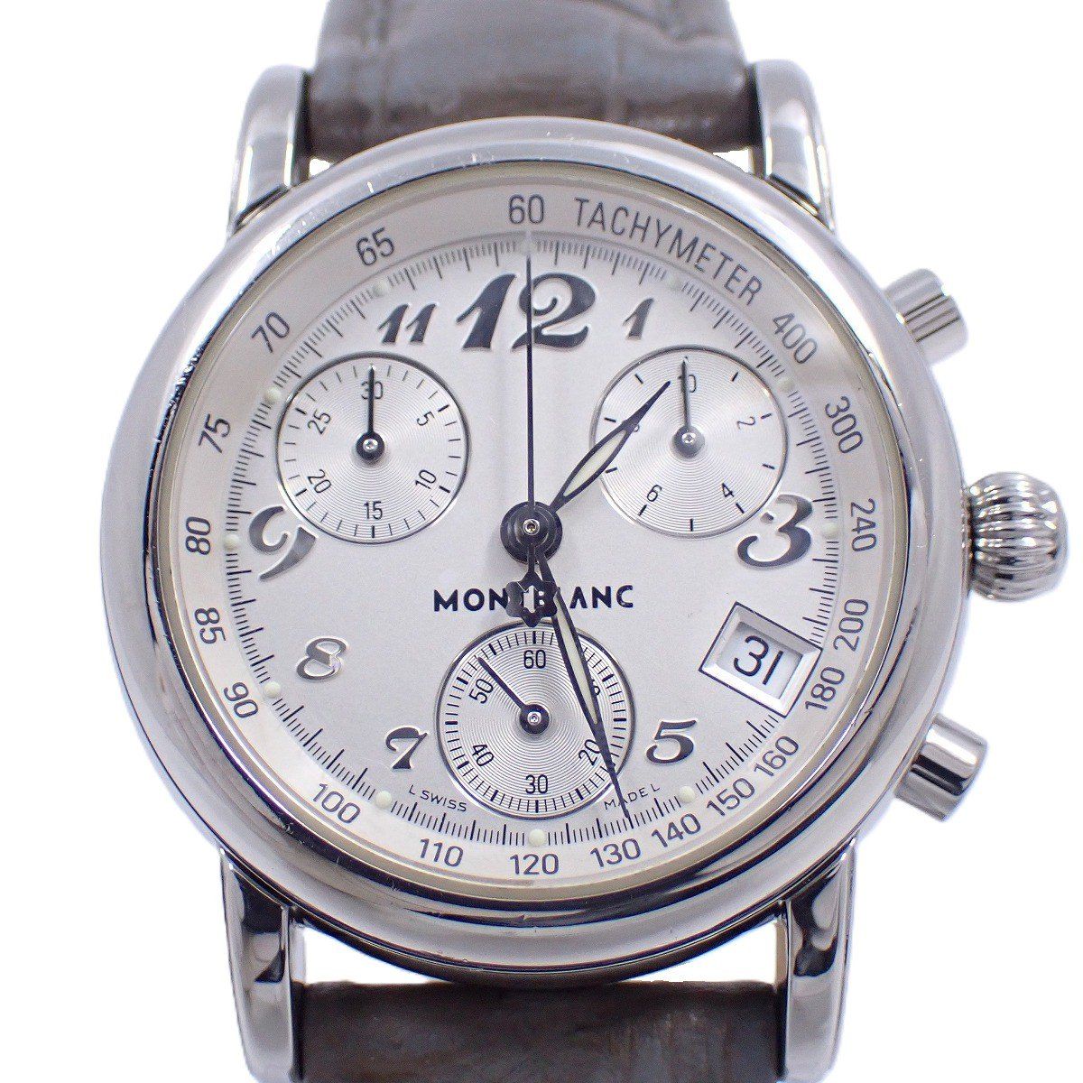 モンブラン マイスターシュティック クロノグラフ クォーツ レディース 腕時計 シルバー文字盤 社外ベルト 尾錠 7039