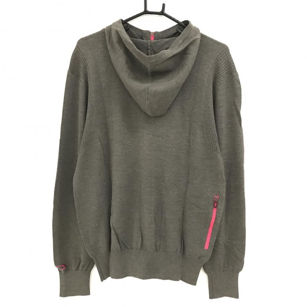 【美品】OAKLEY ニットジップフーディー 刺繍ロゴ XLサイズ アイボリー 美品】オークリー ニットジップパーカー カーキグレー×ピンク ロゴ