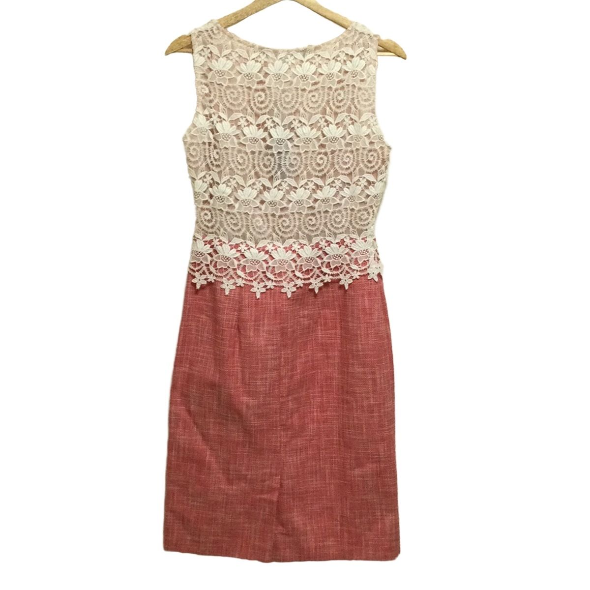 ローラアシュレイ ワンピース サイズ10 L レディース - レッド×白×ライトピンク クルーネック ノースリーブ ひざ丈 レース