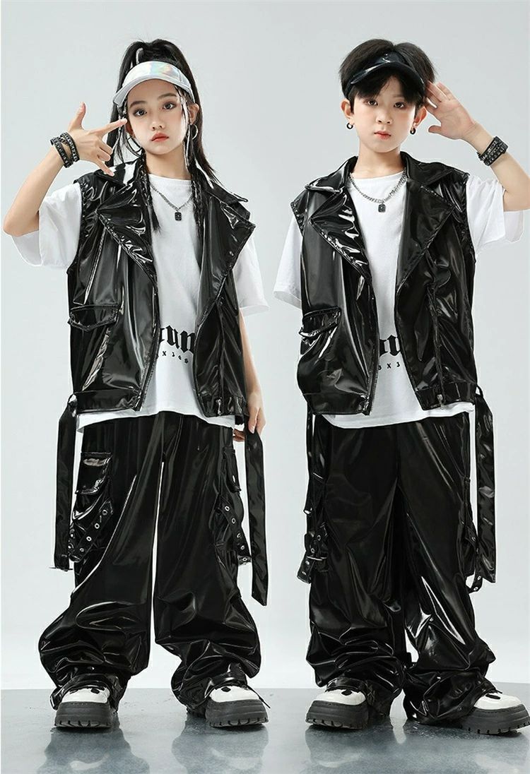 黒 ベスト レザー 注文 上下セット ダンス衣装 アイドル風 団体服 応援