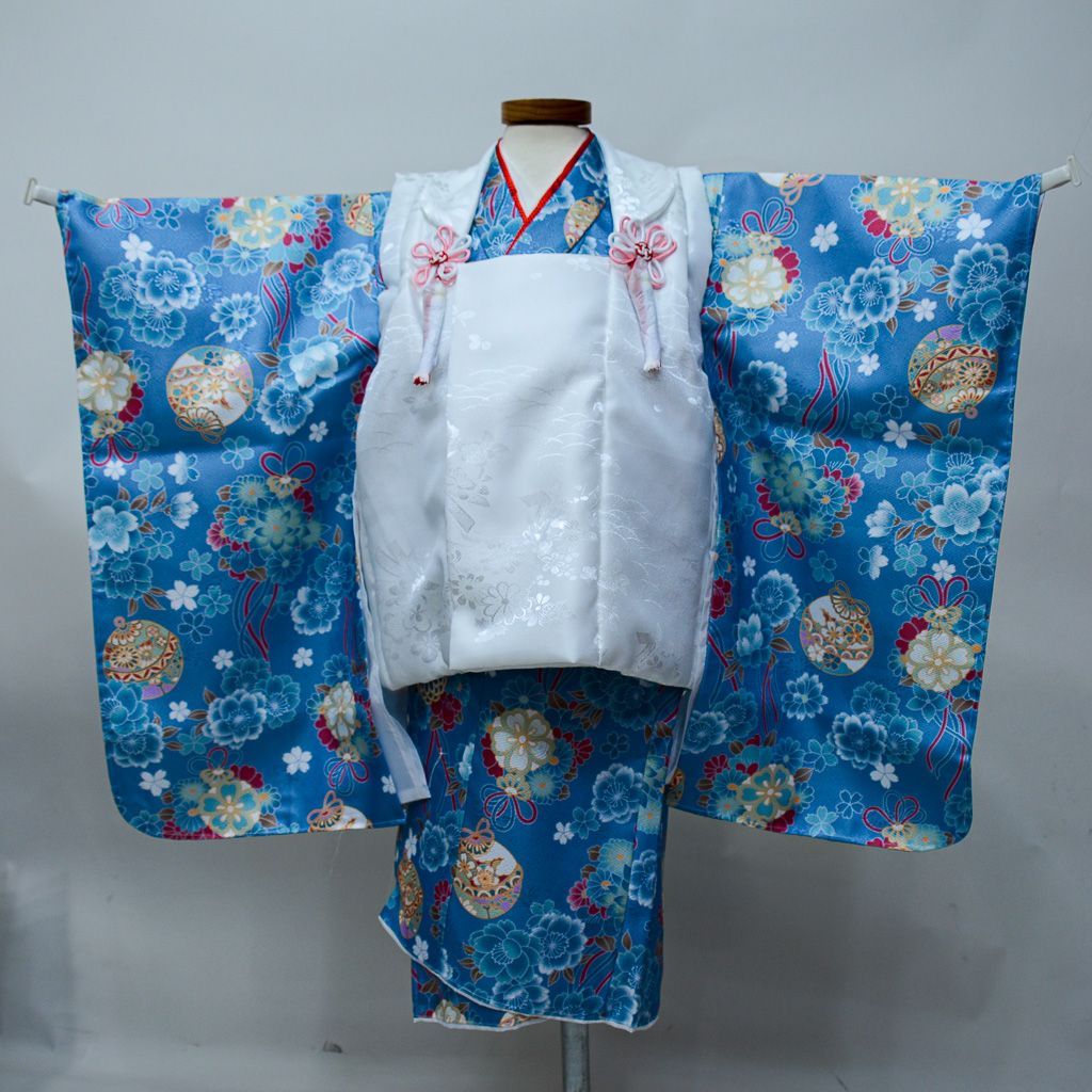 七五三 三歳 女児 被布 着物 フルセット 青色×白色 ポリエステル 3歳 3