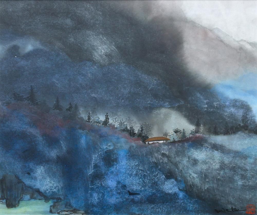 WISH】在銘 日本画 約8号 青霧立ちこめる深山・幽玄の山に寄り添う小屋