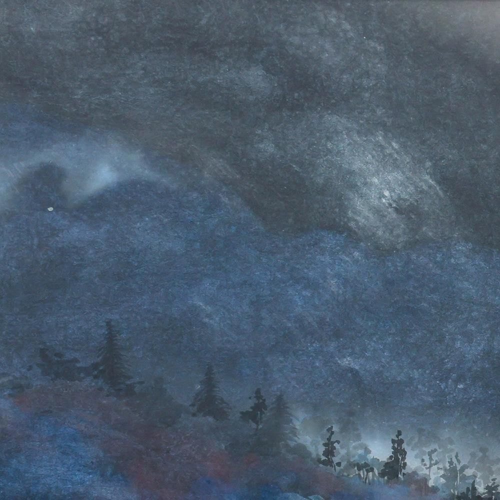 WISH】在銘 日本画 約8号 青霧立ちこめる深山・幽玄の山に寄り添う小屋