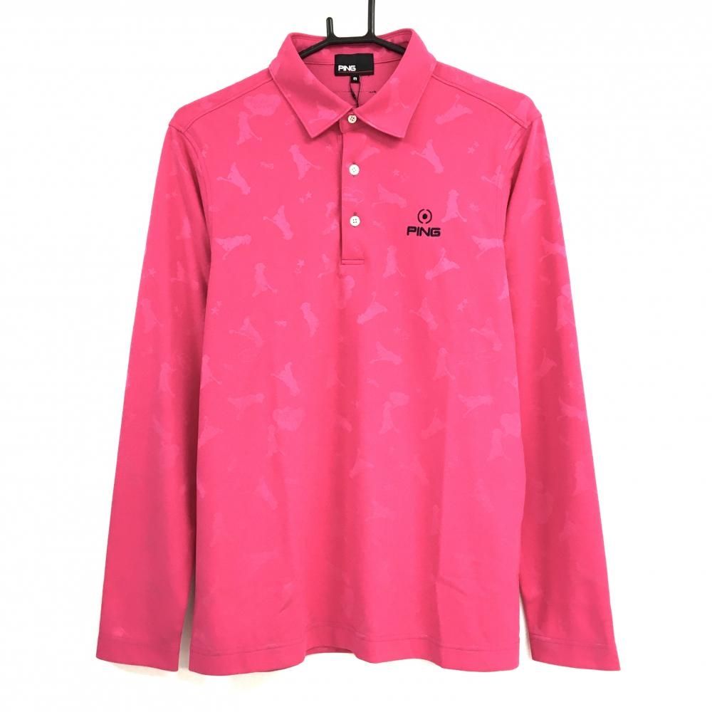 ピン 長袖ポロシャツ ピンク Mr.PING総柄 ロゴ メンズ M ゴルフウェア PING