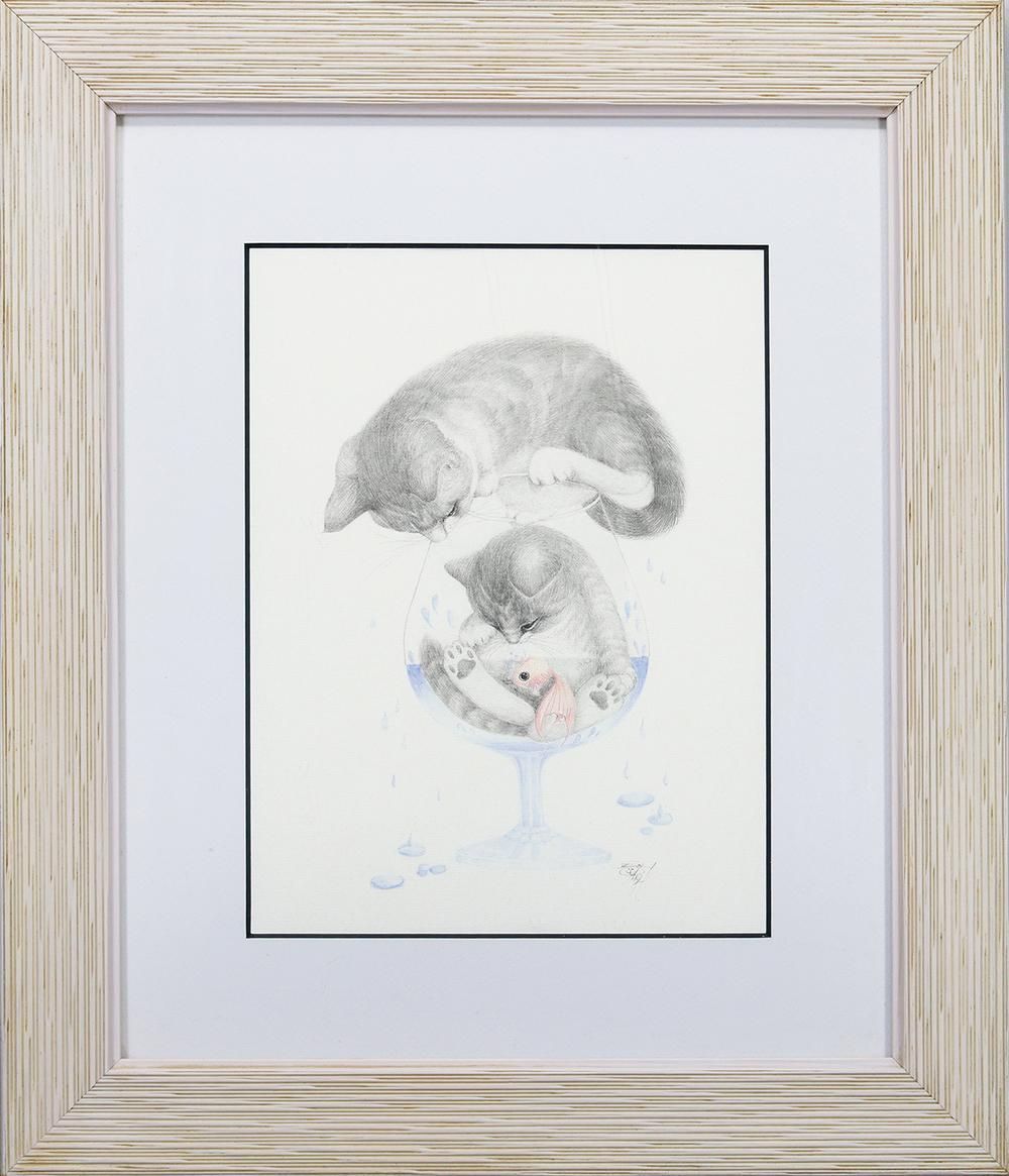 WISH サイン有 鉛筆画 猫と金魚の出会い