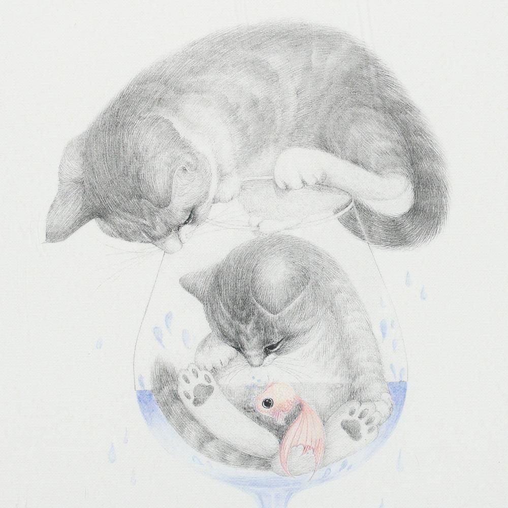 鉛筆画 猫と金魚の出会い