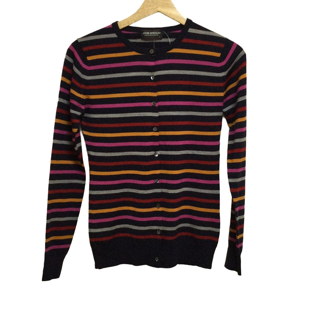 JOHN SMEDLEY ジョンスメドレー カーディガン サイズS レディース ダークネイビー ピンク マルチ 長袖 ボーダー