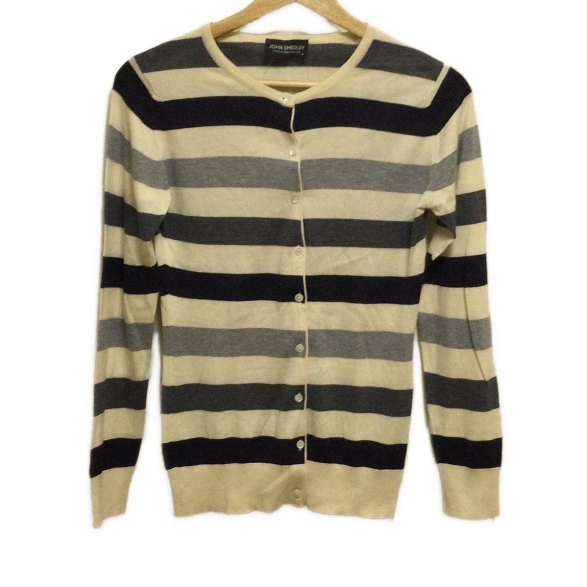 JOHN SMEDLEY ジョンスメドレー カーディガン サイズS レディース - アイボリー×ライトグレー×マルチ 長袖 ボーダー