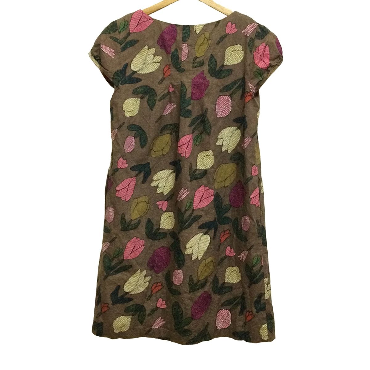 ローラアシュレイ ワンピース サイズ9 M レディース - ダークブラウン×ピンク×マルチ クルーネック 半袖 ひざ丈 花柄