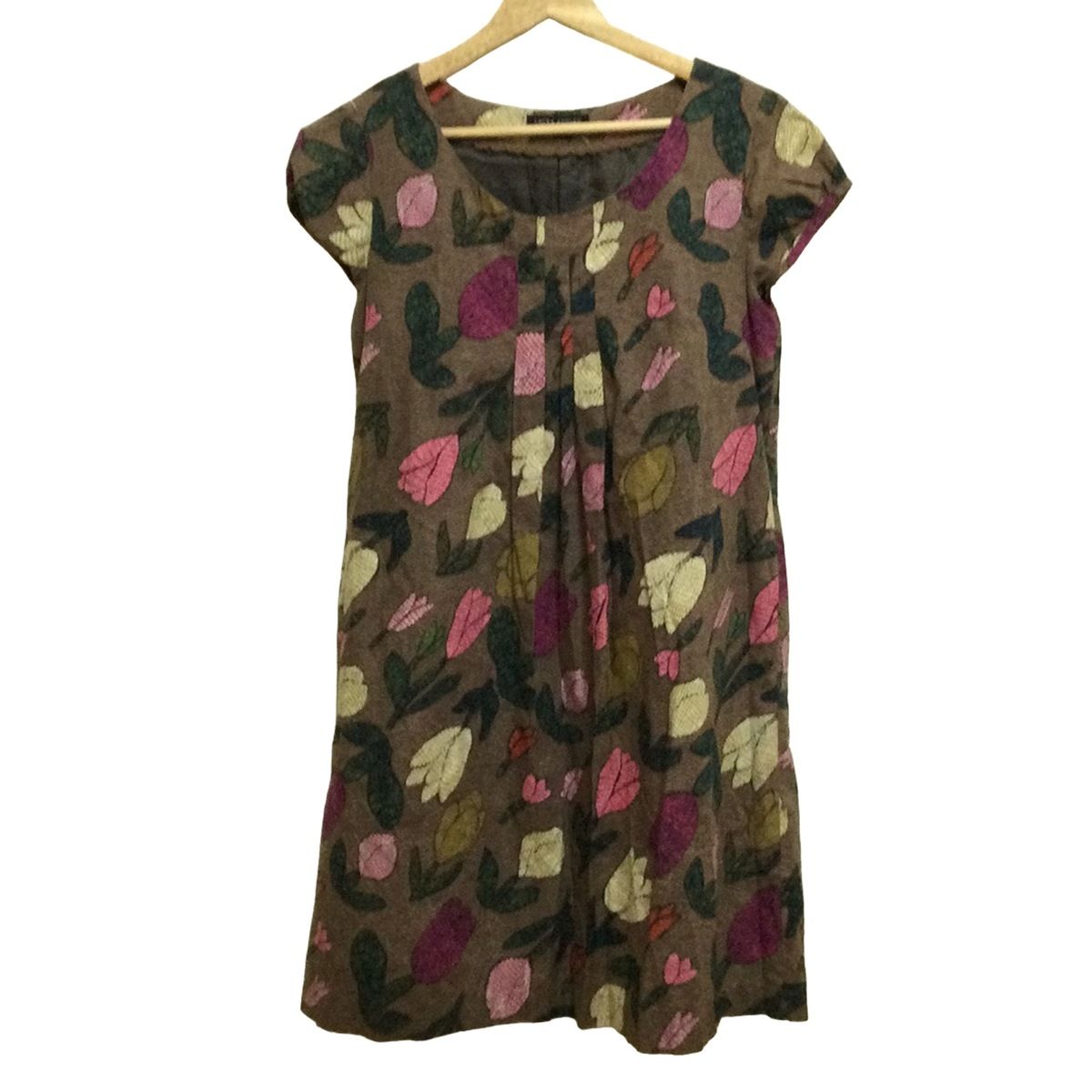 ローラアシュレイ ワンピース サイズ9 M レディース - ダークブラウン×ピンク×マルチ クルーネック 半袖 ひざ丈 花柄