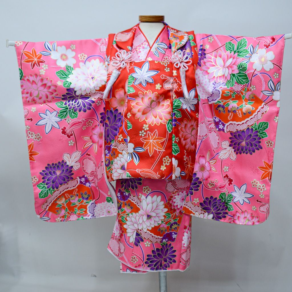 七五三 三歳 女児 被布 着物 フルセット ピンク×赤色 ポリエステル 3歳 