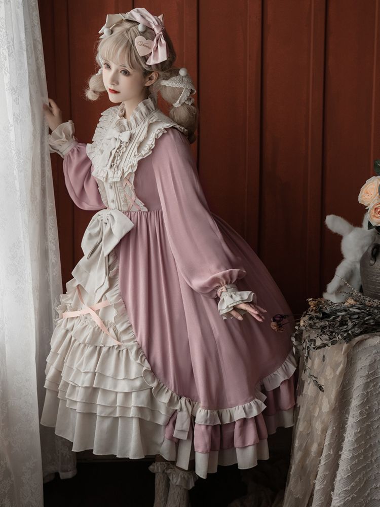 プリンセスロリータ lolitaドレス プリンセス風 ワンピース ロングスリーブ 少女風 レース＆リボン装飾 普段着コスプレ