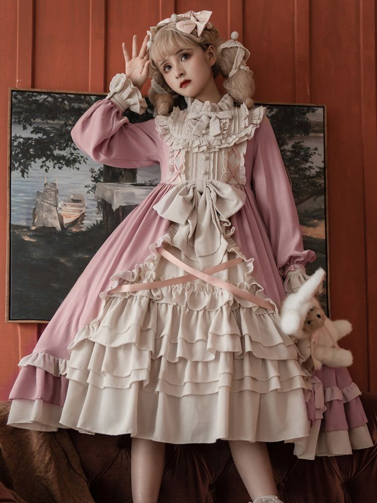 プリンセスロリータ lolitaドレス プリンセス風 ワンピース ロングスリーブ 少女風 レース＆リボン装飾 普段着コスプレ