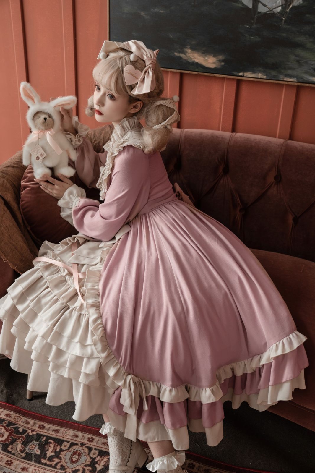 プリンセスロリータ lolitaドレス プリンセス風 ワンピース ロングスリーブ 少女風 レース&リボン装飾 普段着コスプレ