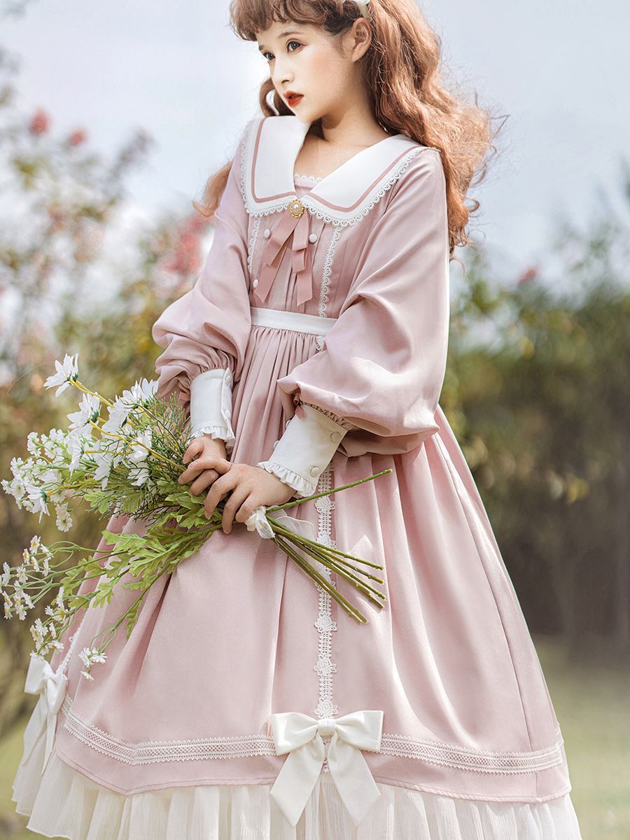 ロリータ衣装 lolitaドレス プリンセス風 ワンピース 少女風 レース＆リボン装飾 ロングスリーブ コスプレ普段着