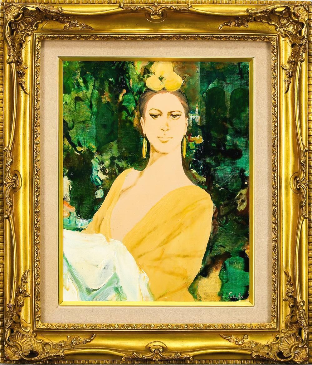 真作】【WISH】斎藤三郎「セビリヤの娘」油彩 6号 ◇黄衣の情熱美女 〇
