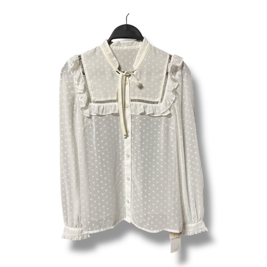 GRACE グレースコンチネンタル フリルブラウス キャミソール 透け感 フリル 長袖 ボウタイ ハート柄 定価26400円 レディース サイズ36 ホワイト 春 1 No K 1078