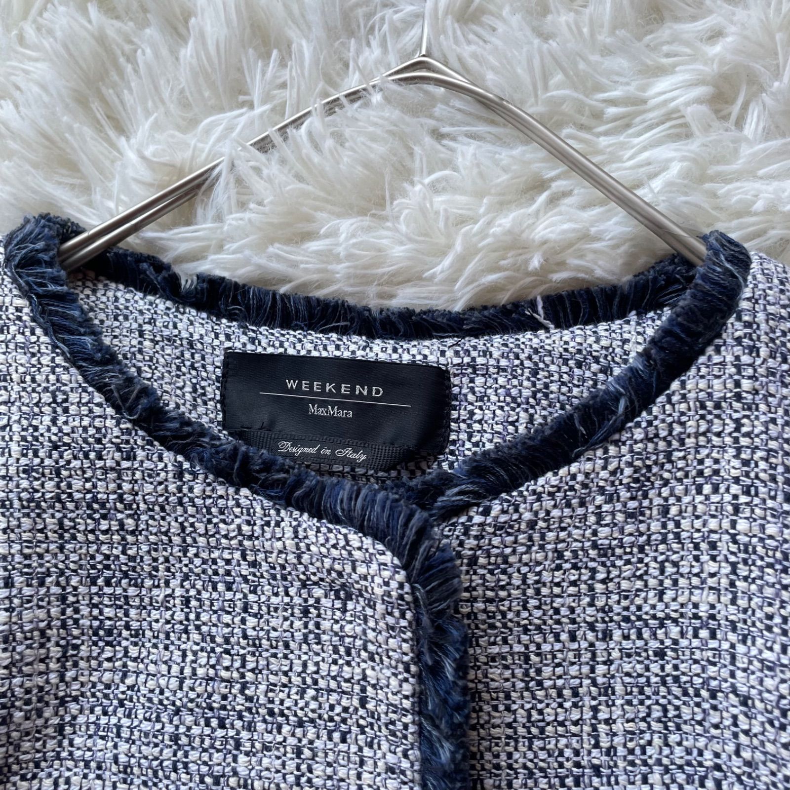 近年モデル✨　マックスマーラ　ノーカラージャケット　ツイード　フリンジ　グレー 極美品 Max Mara マックスマーラ ノーカラーミックスツイードロング