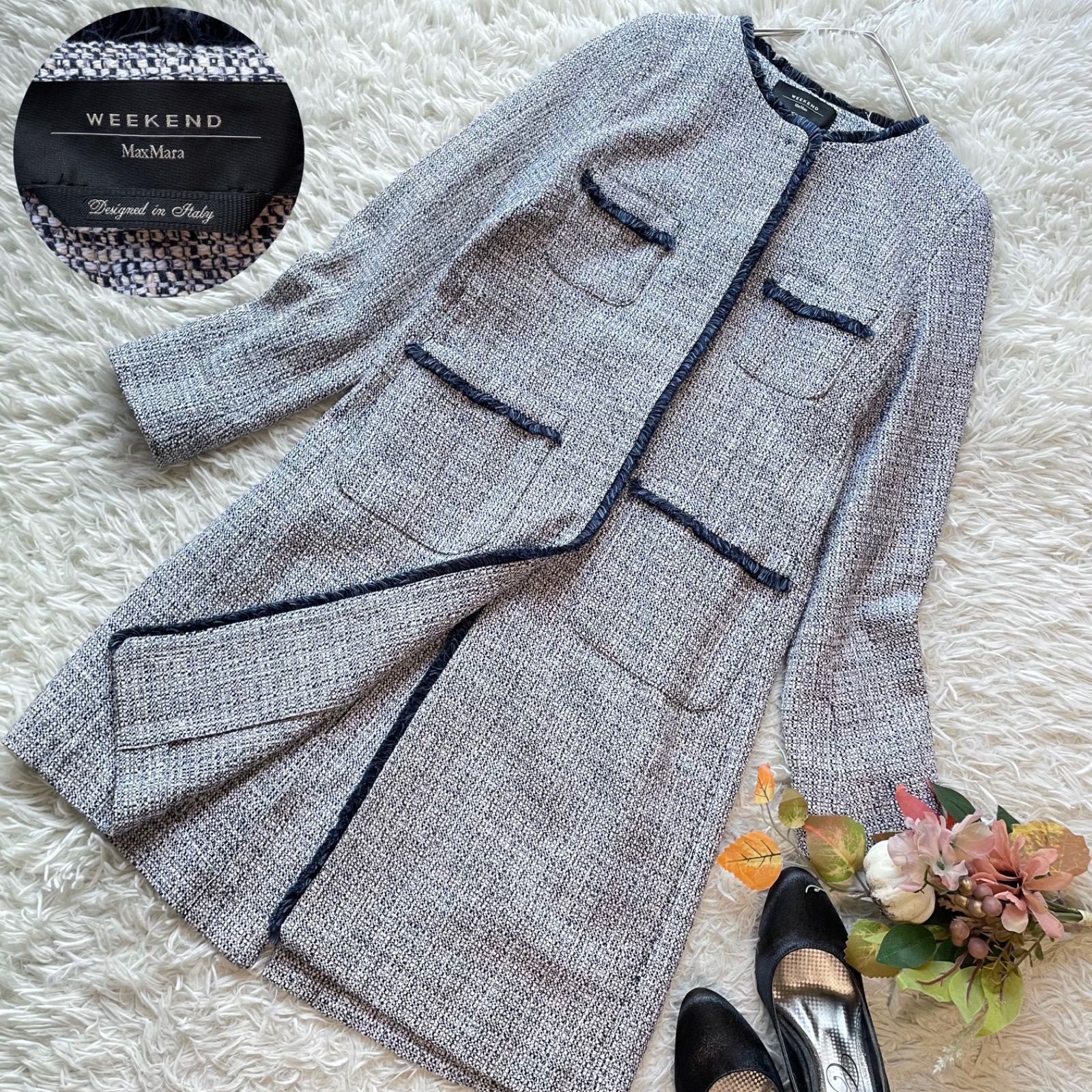 極美品 Max Mara マックスマーラ ノーカラーミックスツイードロング