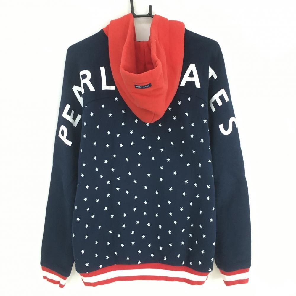 パーリーゲイツ ジップパーカー ネイビー×レッド 身頃星柄 裏起毛