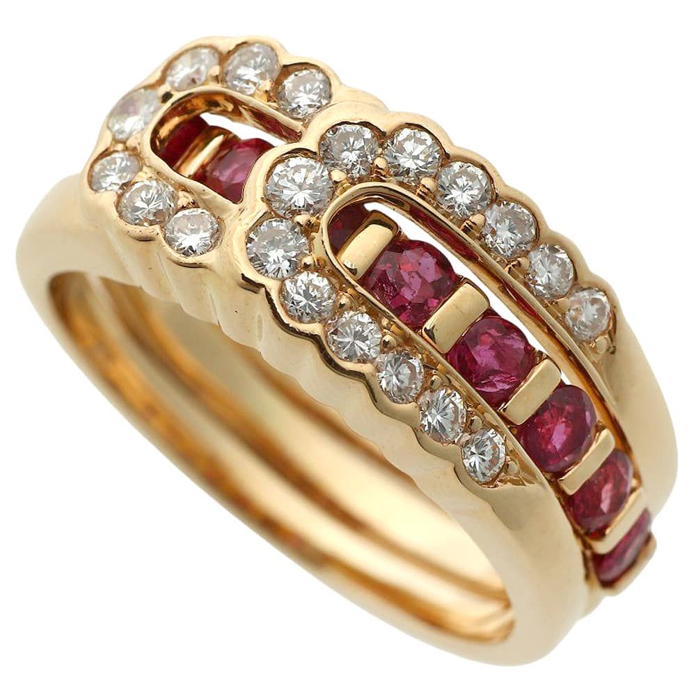 鑑付 天然コランダム 2連リング 指輪 6.4 g K 18 YG メレルビー 0.62 ct メレダイヤモンド 0.38 8号 ノーブランド