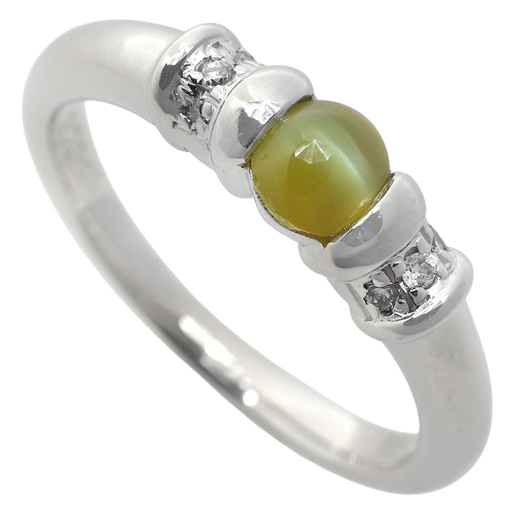 鑑付 天然クリソベリルリング 指輪 5.0 g プラチナ Pt 900 キャッツアイ 0.50 ct ダイヤ 0.04 9.5号 ノーブランド