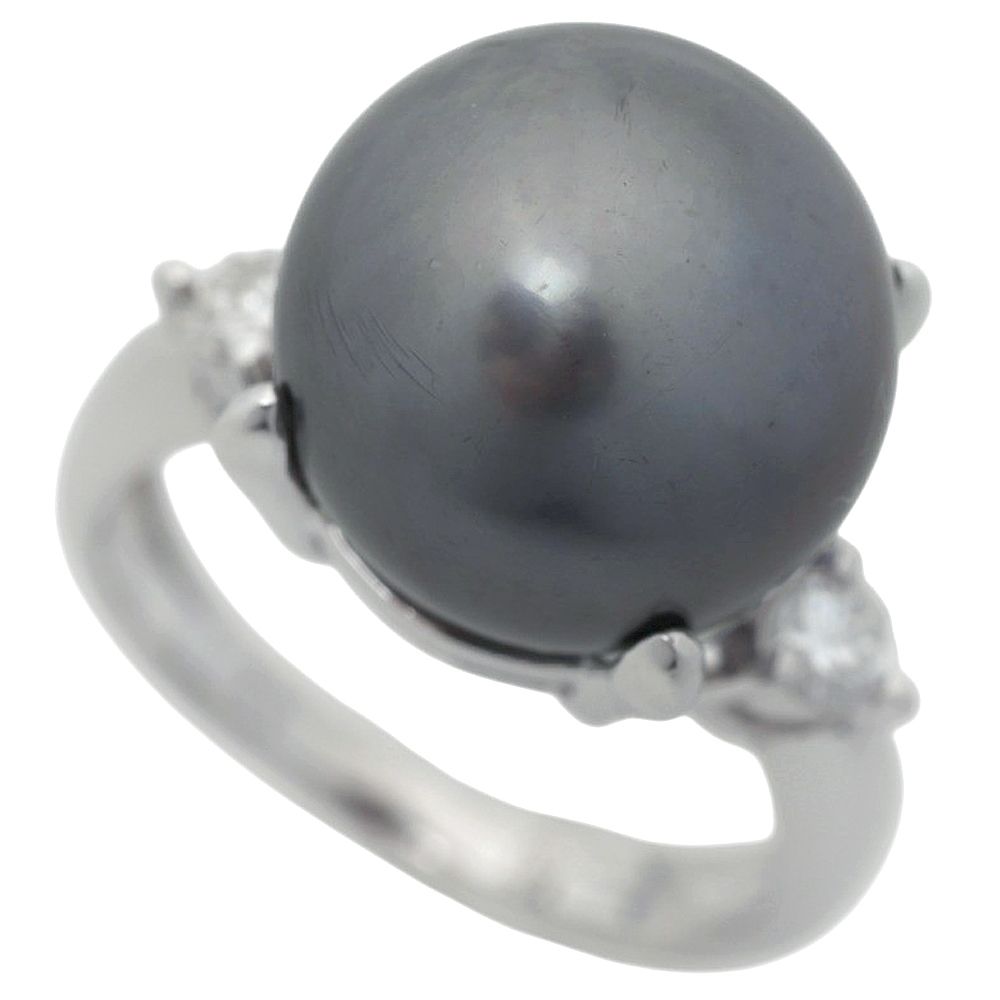 鑑付 LO リング 指輪 8.9 g プラチナ Pt 900 ブラックパール 黒蝶真珠 12.8ミリ メレダイヤモンド 0.23 ct 10号 大玉