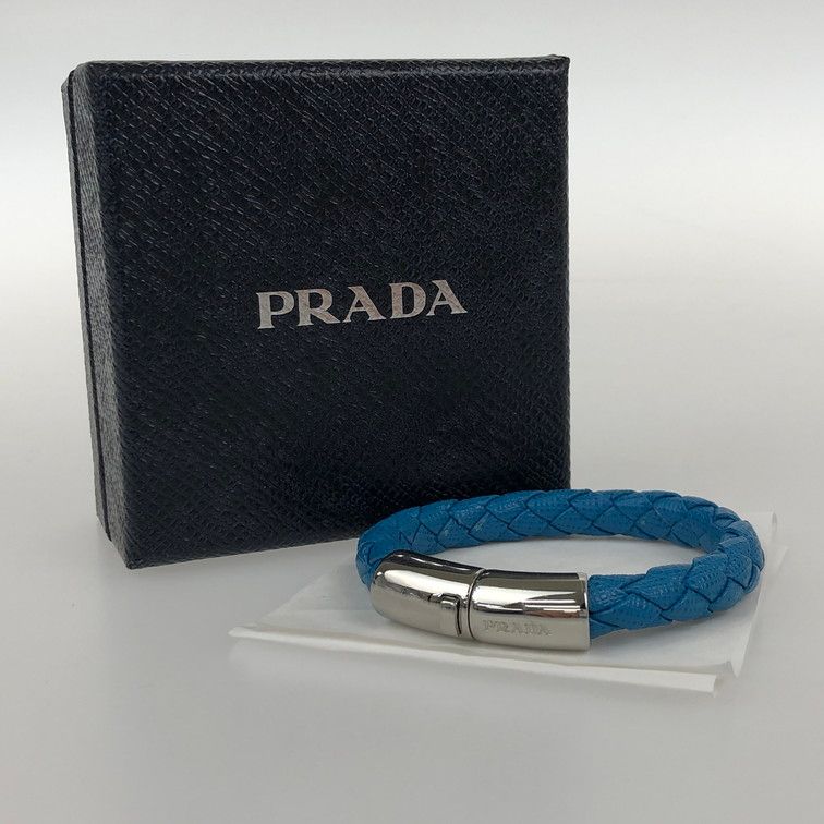 中古品】PRADA プラダ レザー編み込みブレスレット 1IB144 ブルー L 
