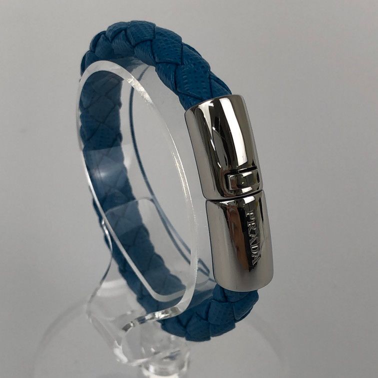 中古品】PRADA プラダ レザー編み込みブレスレット 1IB144 ブルー L 
