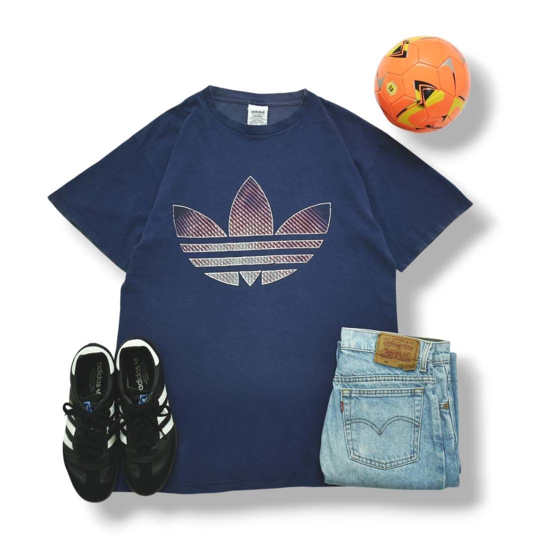 激レア デッドストック80 90s デサント製Adidasトレフォイルロゴシャツ 激レア adidas 80s90s ビックトレフォイルロゴ トレーナー美品