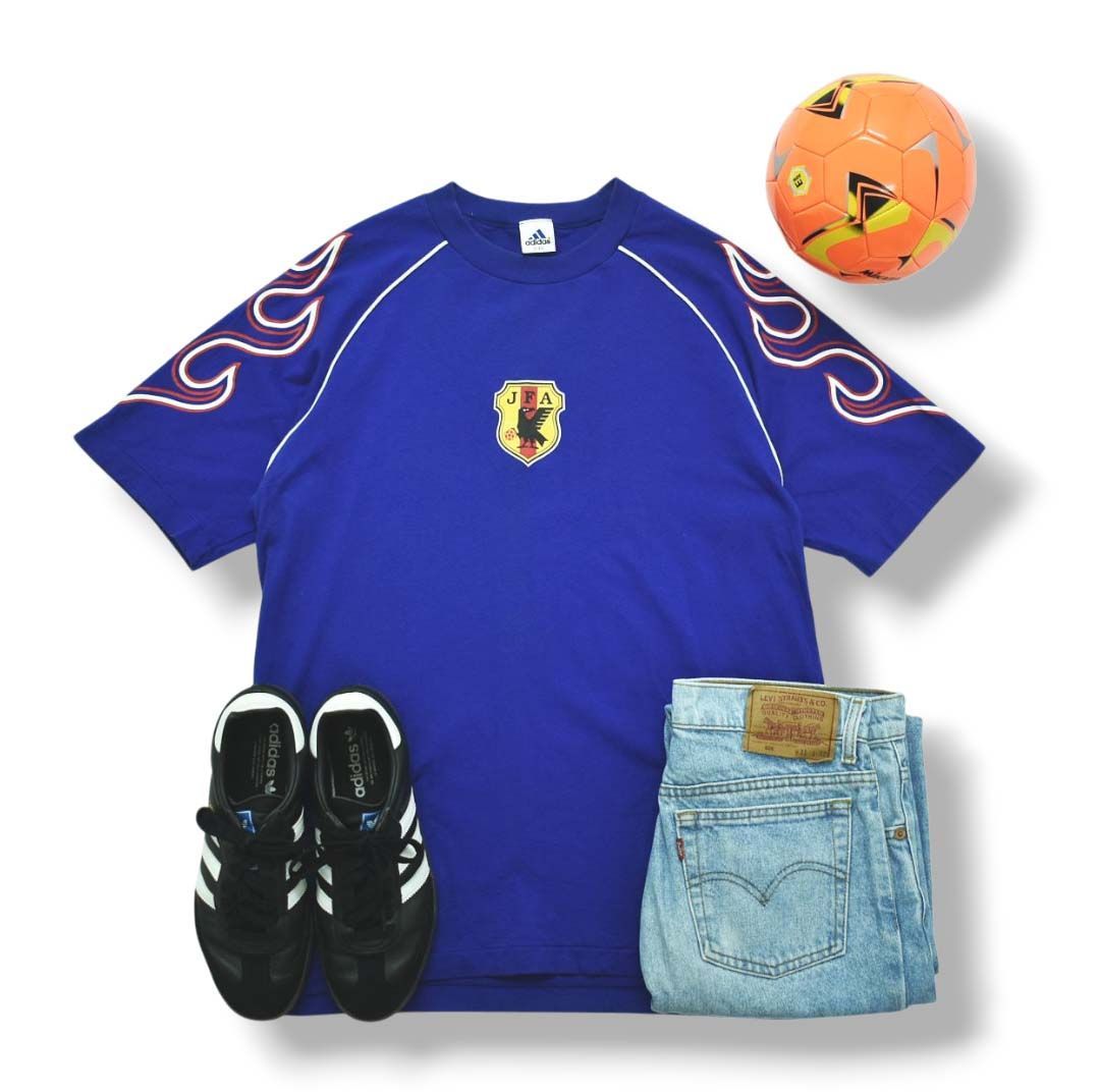 デサント製 90 s ヴィンテージ アディダス adidas 日本代表 1998 ユニフォーム デザイン プリント Tシャツ ラグランスリーブ O XO ブルー サッカー スポーツ メンズ