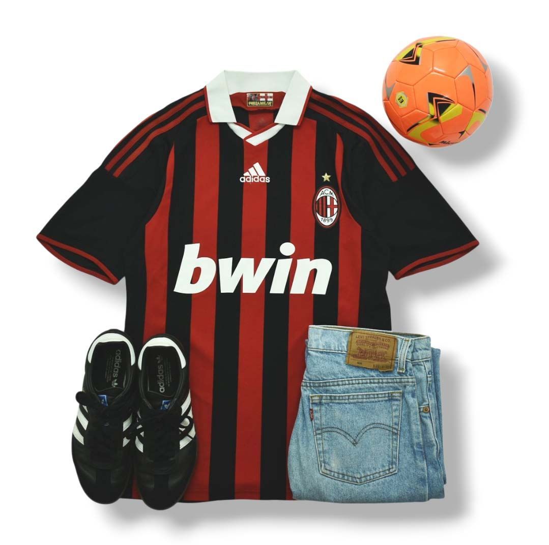 アディダス adidas AC ミラン milan 2009 2010 HOME 1 st ユニフォーム ゲーム シャツ S ストライプ柄 レッド x ブラック スポーツ サッカー フットボール セリエA メンズ