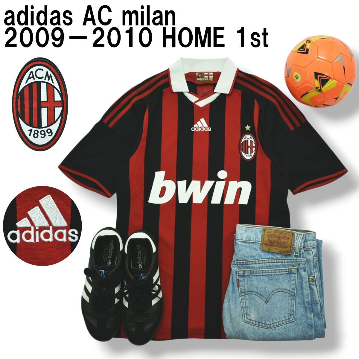 アディダス adidas AC ミラン milan 2009 2010 HOME 1 st ユニフォーム ゲーム シャツ S ストライプ柄 レッド x ブラック スポーツ サッカー フットボール セリエA メンズ