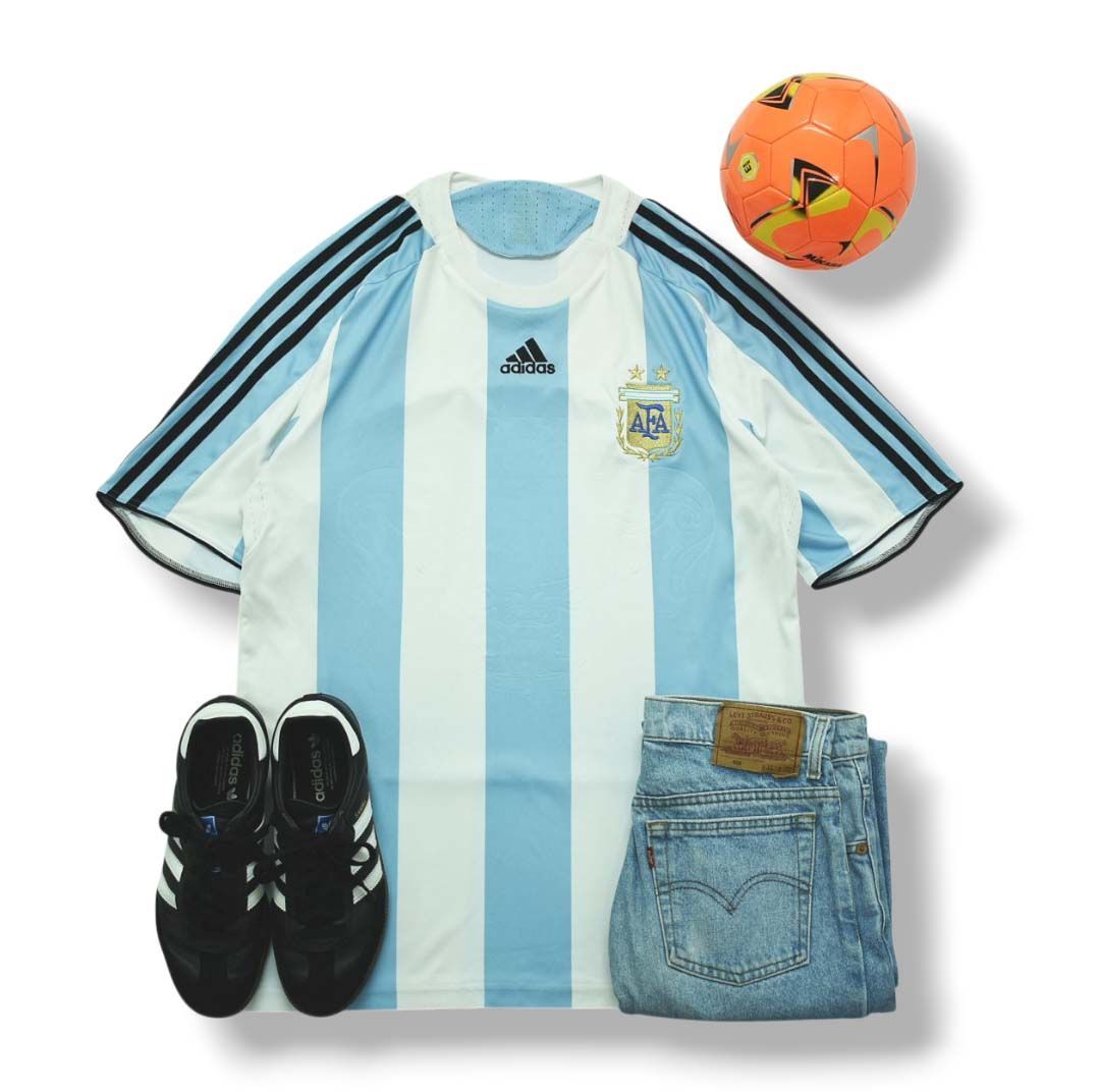 00 s ヴィンテージ アディダス adidas アルゼンチン 代表 2008 HOME 1 st ユニフォーム ゲーム シャツ L相当 ストライプ柄 ライトブルーxホワイト サッカー スポーツ メンズ
