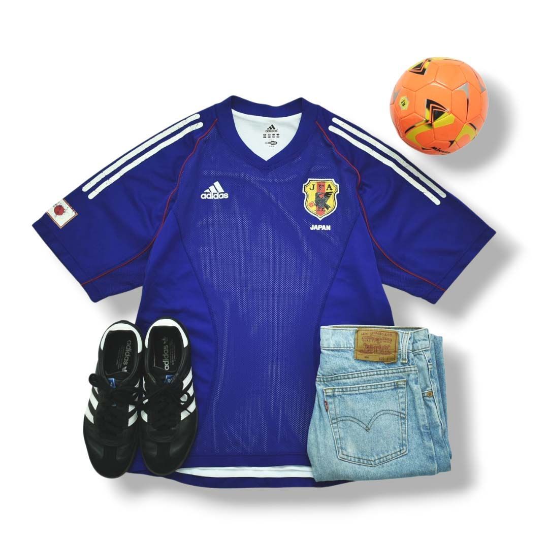アディダス adidas 2002 日韓W杯 日本代表 HOME 1 st ユニフォーム ゲーム シャツ ラグランスリーブ L ブルー サッカー フットボール スポーツ ウェア メンズ