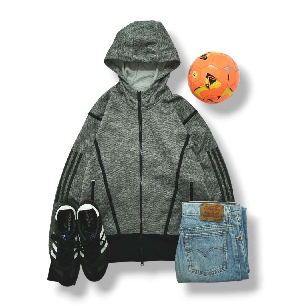 アディダス adidas ジップ パーカー スウェット 裏起毛 メッシュ スリーストライプス パフォーマンス ロゴ プリント OT グレー スポーツ カジュアル レディース