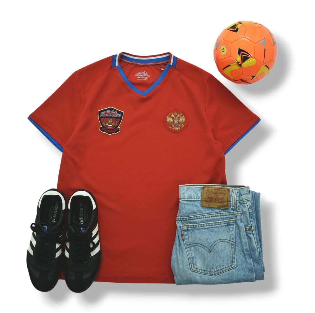 フォワード FORWARD ロシア代表 HOME 1 st ユニフォーム ゲーム シャツ トップス M レッド x ライトブルー サッカー フットボール スポーツ ウェア メンズ