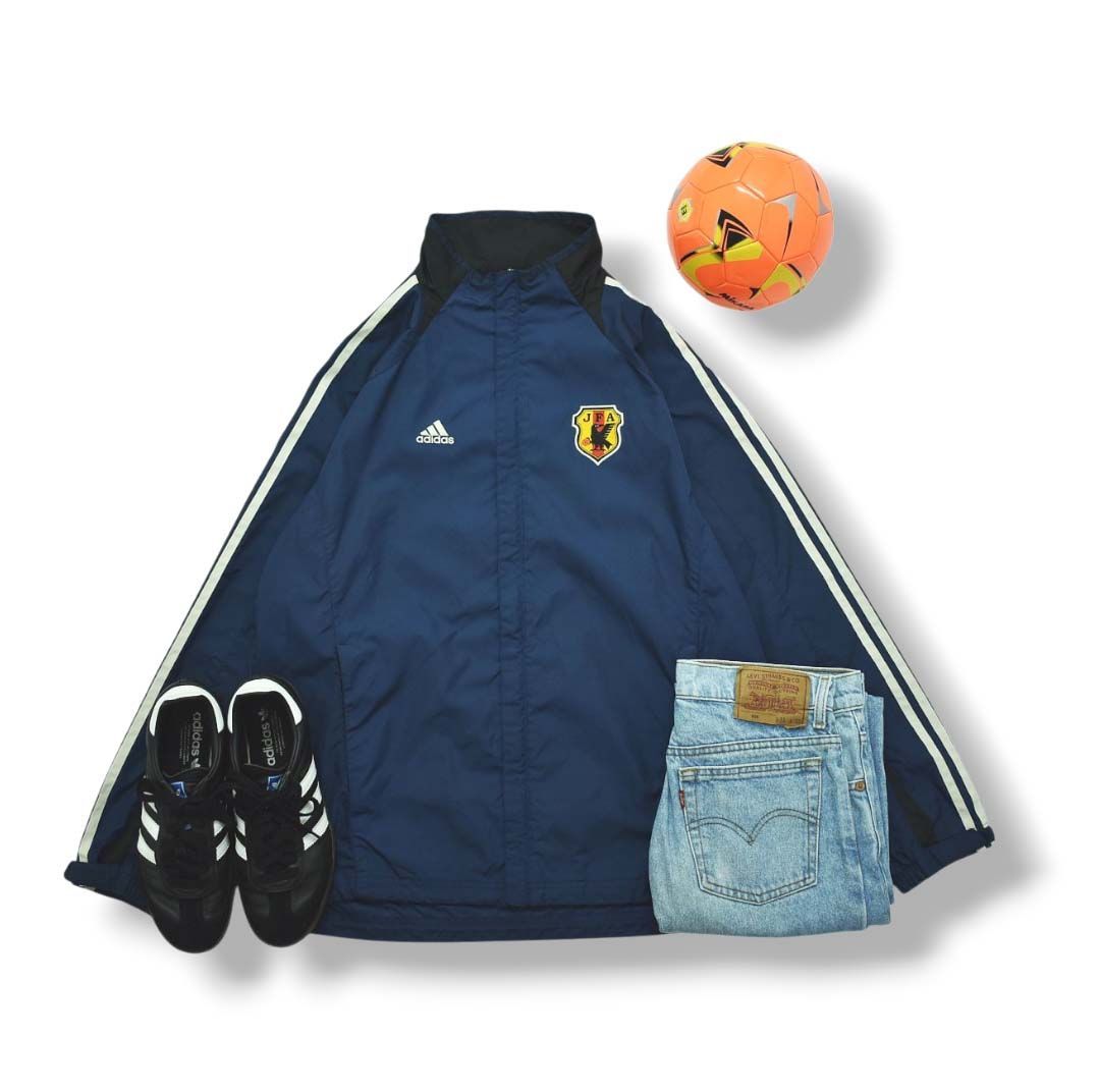 00 s ヴィンテージ アディダス adidas 日本代表 ウィンド ジャケット ジャンパー ロゴ ワッペン 刺繍 裏地 切替 メッシュ M ネイビー サッカー スポーツ ウェア メンズ