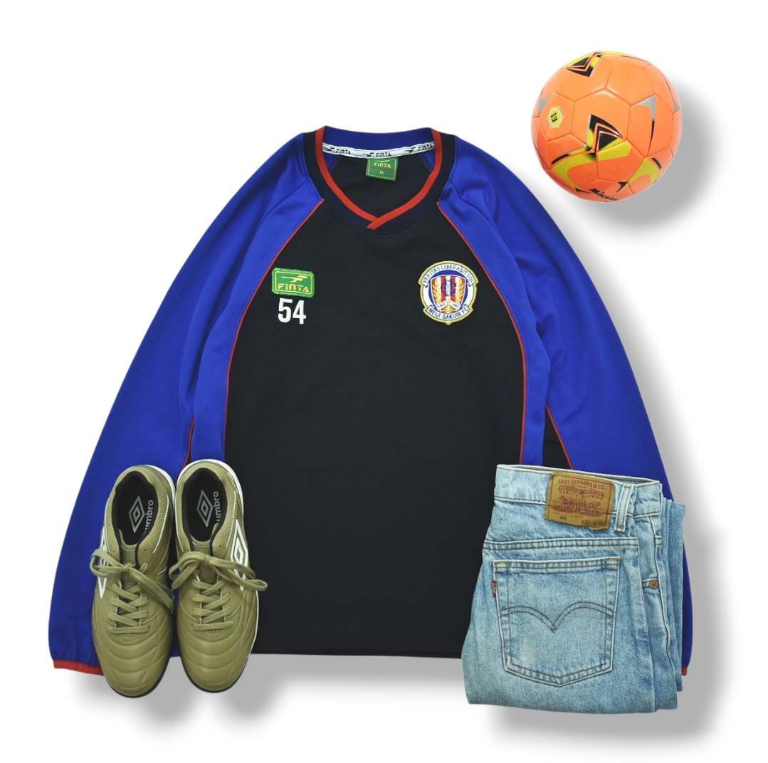 フィンタ FINTA 明治学院高校 サッカー部 プルオーバー ジャージ ピステ ラグランスリーブ ロゴ プリント ワッペン L ブラックxブルーxレッド スポーツ ウェア メンズ